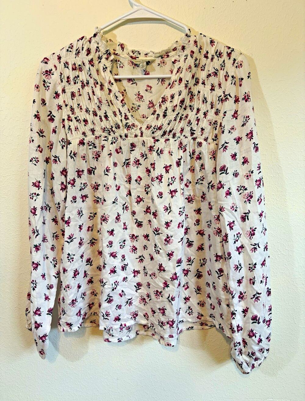 Lucky Brand Floral Peasant Blouse Smocked Cottagecore Grandmacore Womens S